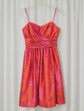 Eliza J New York Hot Pink Orange Oversized Hibiscus Flowers Satin Cocktail Dress